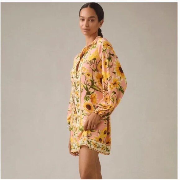 NWT Farm Rio Anthropologie Long Sleeve Button Front Mini Sunflower Dress Large - Picture 2 of 16